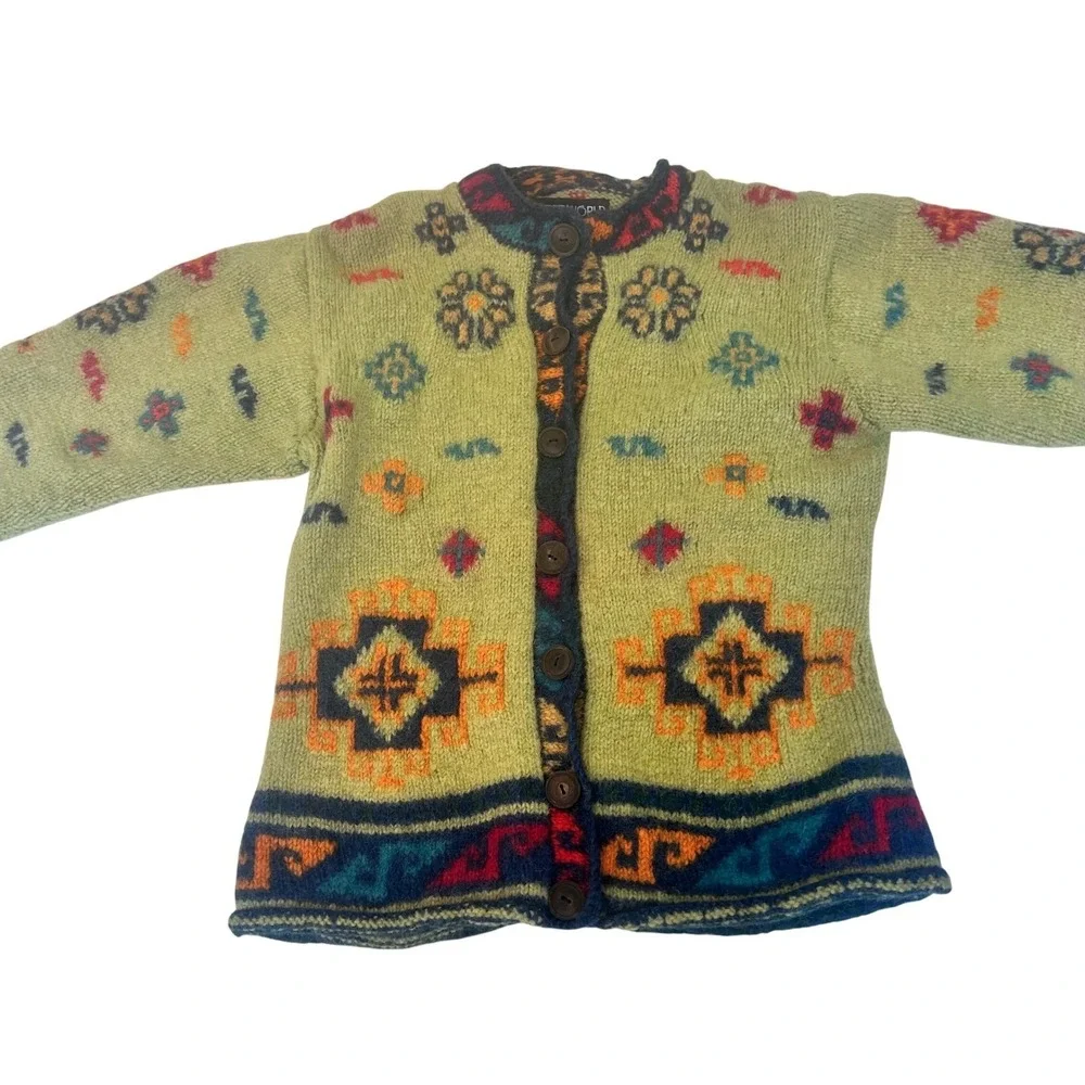 Bolder World Womens Wool Cardigan Sweater Green Southwestern Pattern Nepal Small